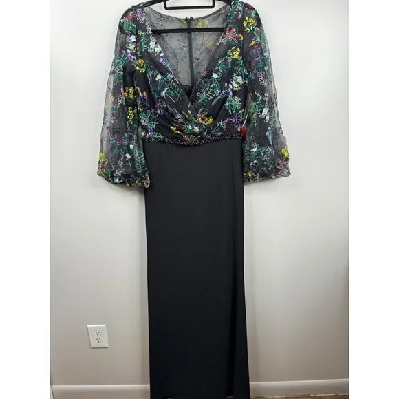 Mac Duggal 79379 Puffed Sleeve Maxi Dress Gown Illusion Embroidered Size 8 NWT - Picture 4 of 7